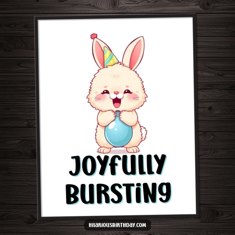 Funny fluffy bunny in a party hat popping a balloon, available as a digital art print for instant festive decor.