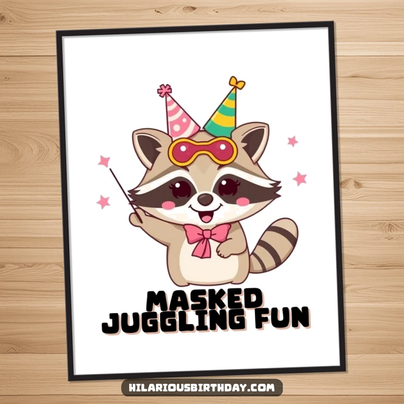 Funny delighted raccoon character wearing a party mask and juggling party hats, as a digital art print.