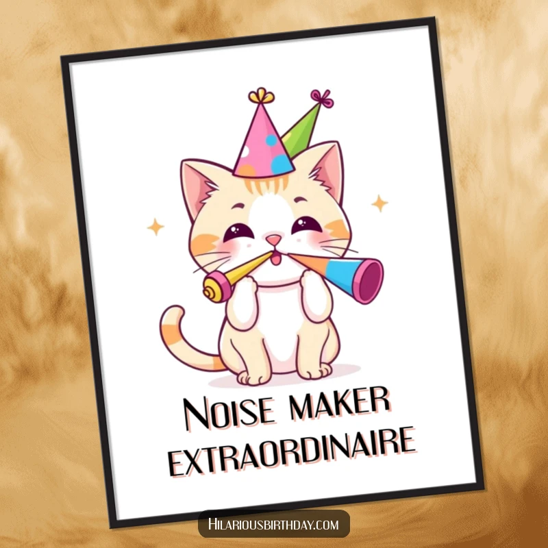 Funny digital art print of a cute Kawaii cat in a party hat blowing a party horn, ideal for digital display.