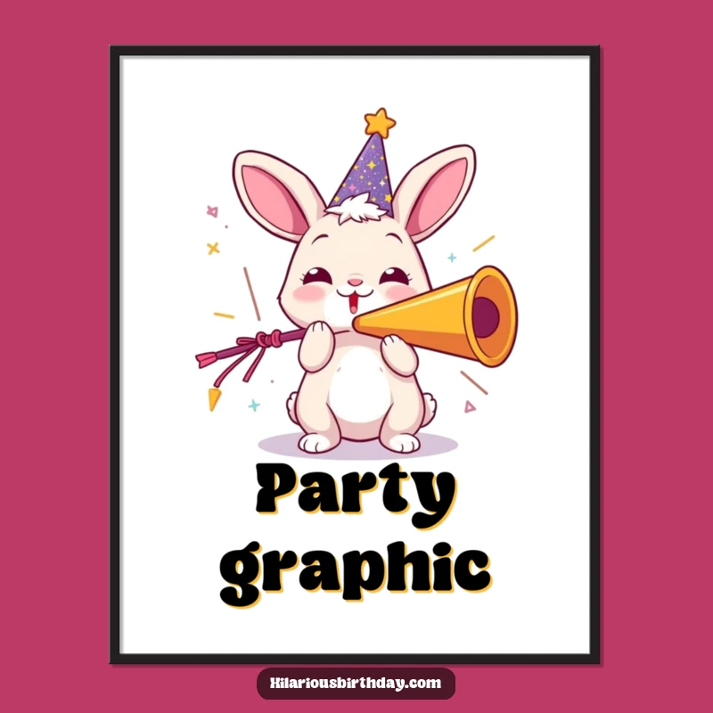 Funny Rabbit Party Digital Art Print: Joyful Horn Blower Instant Download