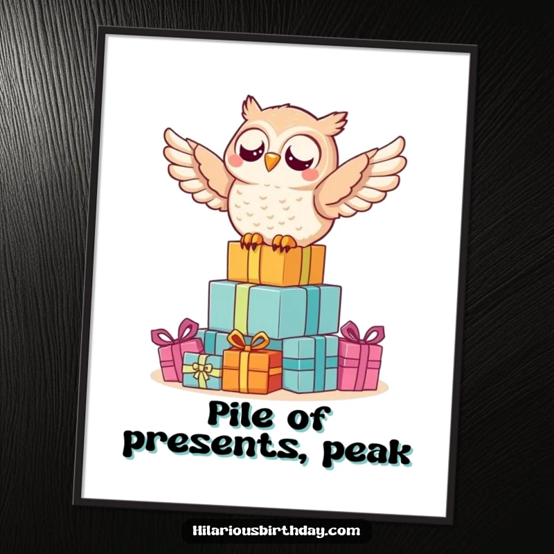 Funny owl digital art print showing a delighted owl joyfully riding on top of a large, beautifully wrapped pile of gifts.