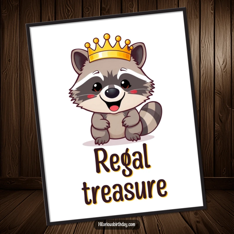 Funny happy raccoon character triumphantly wearing a shiny golden crown on this vibrant digital art print, radiating majestic fun, perfect funny gift.