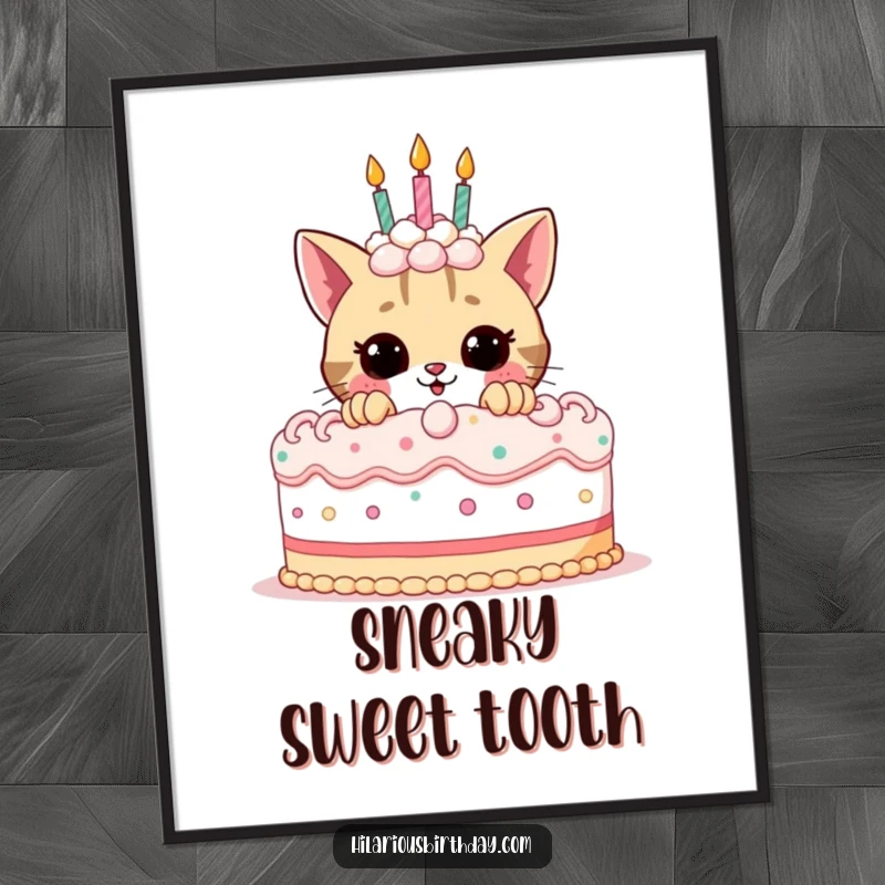 Funny birthday digital art print of a cute cat peeking playfully from behind a large decorated birthday cake, radiating celebratory joy.