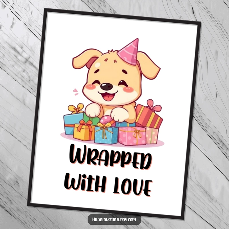 Funny kawaii dog digital art print, a smiling dog surrounded by a festive pile of colorful birthday presents, downloadable art.