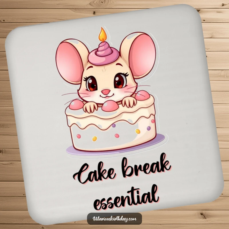 Funny curious mouse character peeking out of a birthday cake with wide eyes, as a decorative drink coaster.