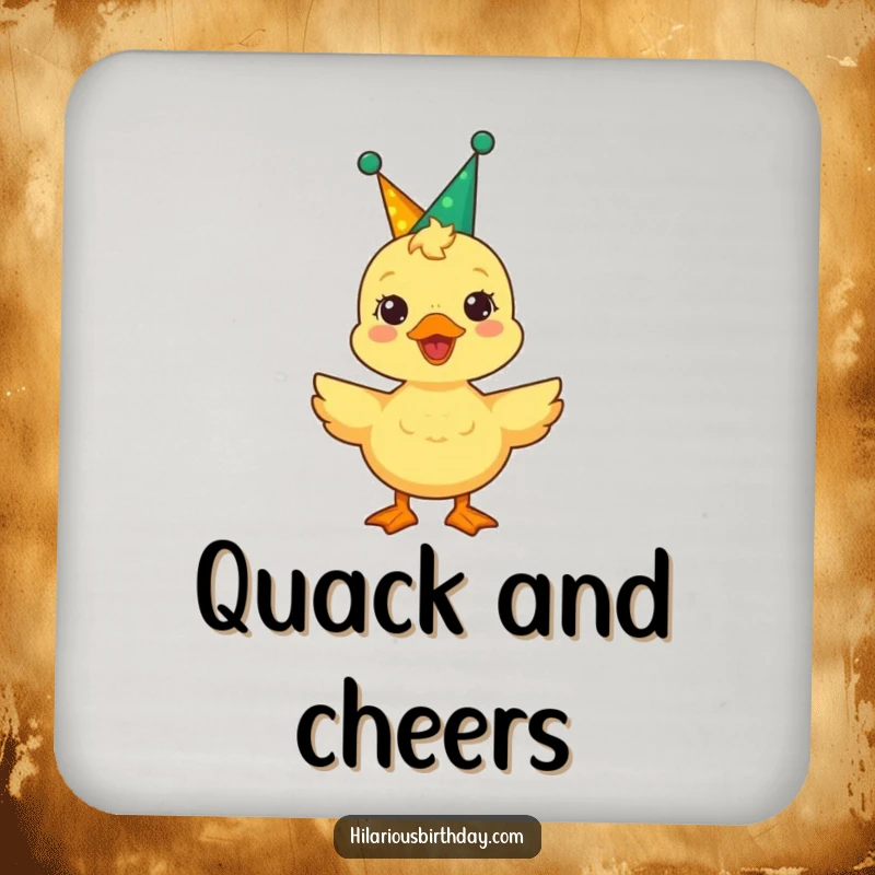 Funny duckling wearing a party crown, quacking joyfully on this coaster, adding a festive touch to your drinks.