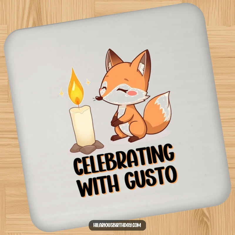 Funny fox birthday coaster featuring a determined fox with puffed cheeks, about to blow out a large birthday candle.