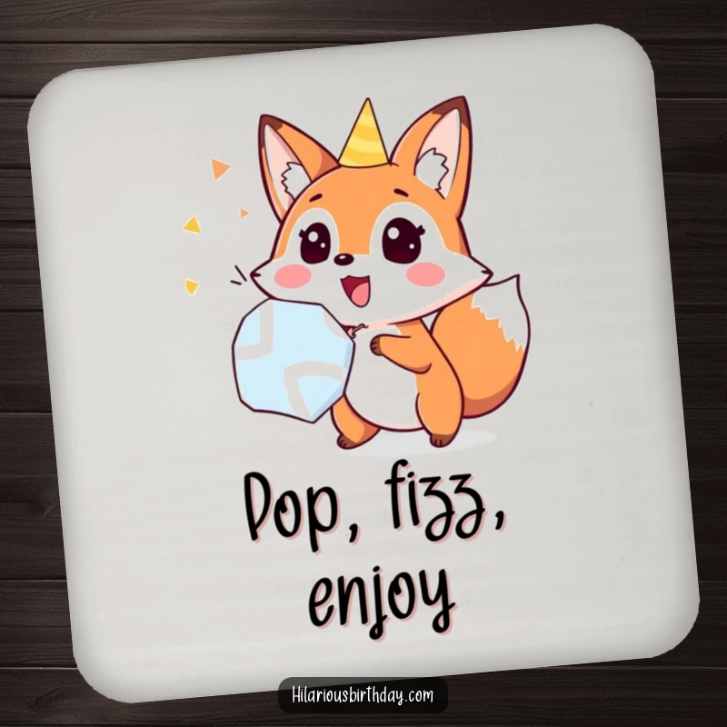 Funny fox popping a party popper with surprise, on a drink coaster, perfect for adding funny, exciting vibes to any surface.