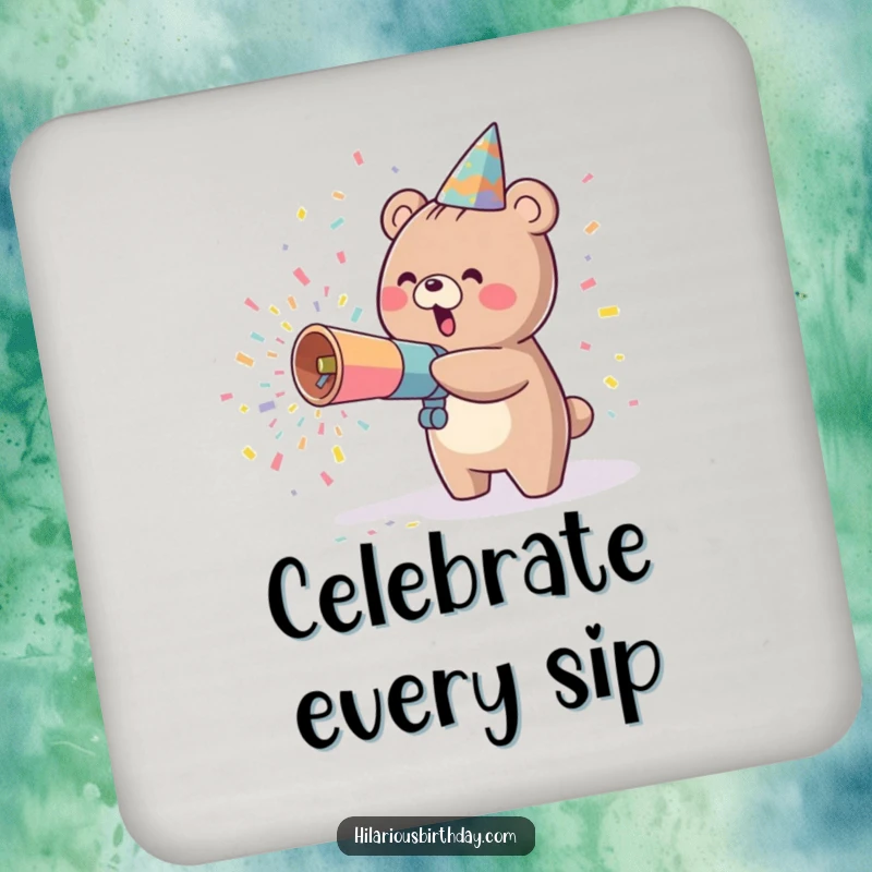 Funny kawaii bear character happily throwing confetti from a party cannon on a drink coaster.