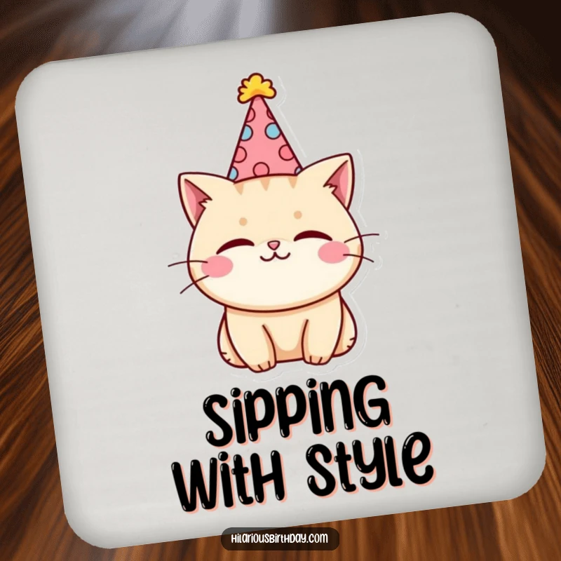 Funny kawaii cat character wearing a silly party hat and winking on a drink coaster.