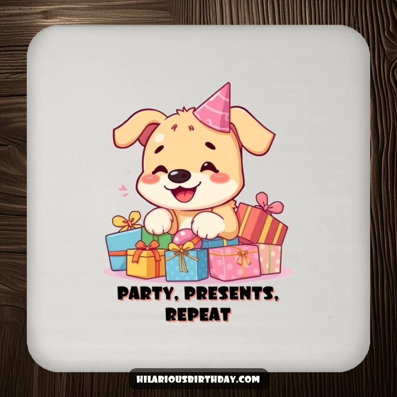 Funny kawaii dog coasters, a smiling dog with colorful birthday presents, protecting surfaces with adorable style.
