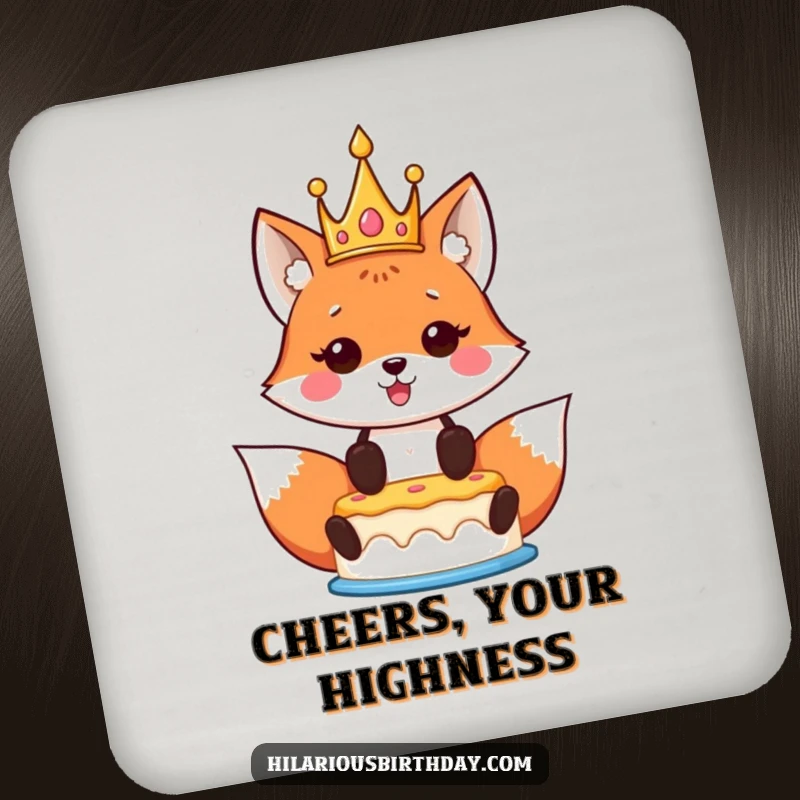 Funny Kawaii Fox Birthday Drink Coaster featuring a crowned kawaii fox proudly holding a birthday cake aloft, adding royal charm to your table.