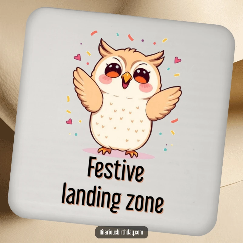 Funny kawaii owl enthusiastically tossing confetti, a protective drink coaster, ideal funny gift.