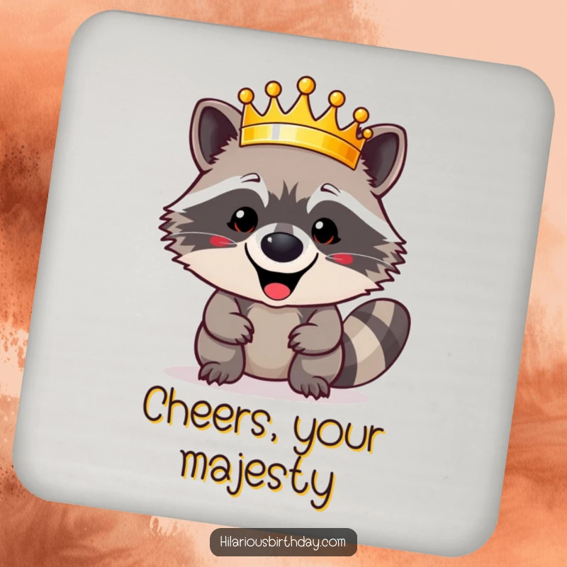 Funny happy raccoon character triumphantly wearing a shiny golden crown on this protective drink coaster, a humorous and regal funny gift.
