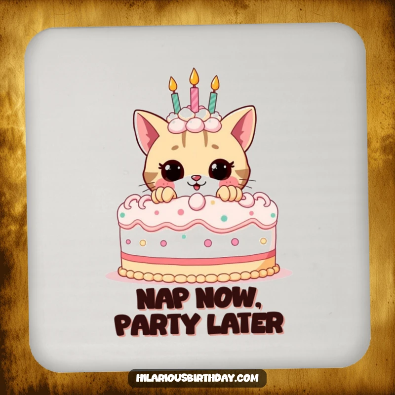 Funny birthday drink coaster with a playful cat peeking from behind a decorated birthday cake, adding a touch of whimsy.