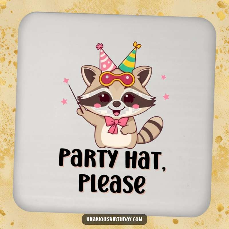 Funny delighted raccoon character wearing a party mask and juggling party hats, as a decorative drink coaster.
