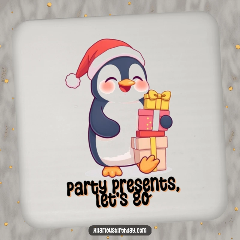 Funny drink coaster showcasing a giggling penguin with a precarious stack of gifts, protecting surfaces with charm.