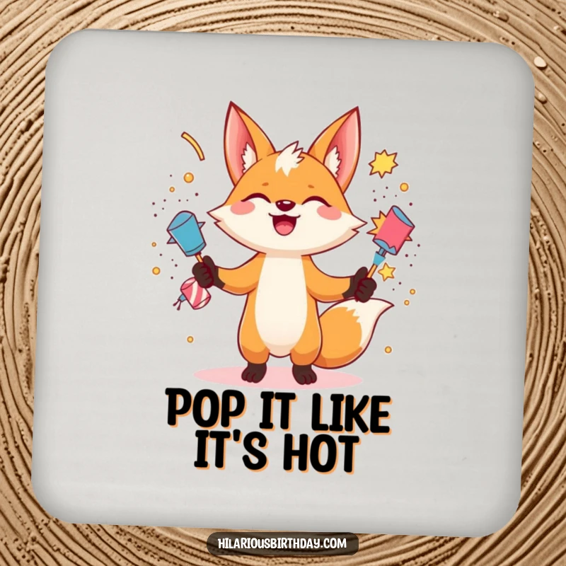 Funny gleeful fox character juggling exploding party poppers on this protective drink coaster, a humorous and energetic funny gift.