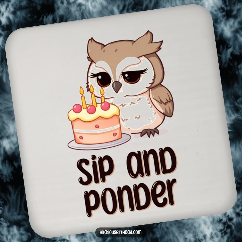 Funny owl character intently studying a whimsical birthday cake on this protective drink coaster, a humorous and wise funny gift.