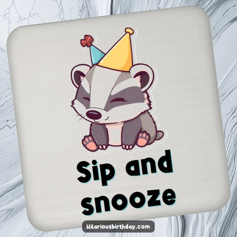 Funny sleepy badger coaster featuring a tired badger in a party hat, a cute and humorous accessory.