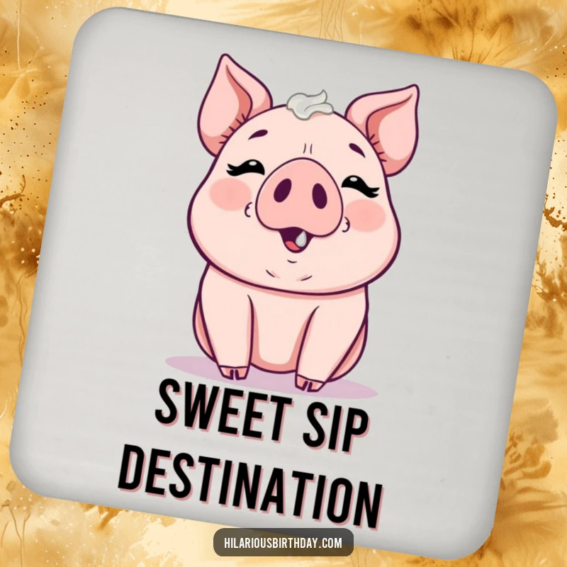 Funny kawaii pig gleefully smudging frosting on its nose, a protective drink coaster, ideal funny gift.