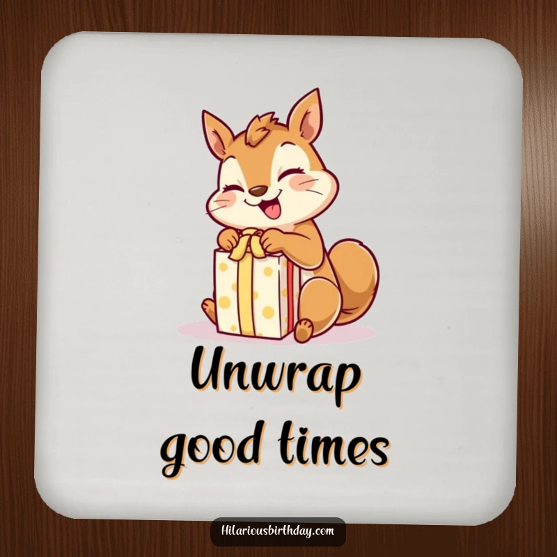 Funny giggling squirrel character rapidly unwrapping a gift with excited paws, as a decorative drink coaster.