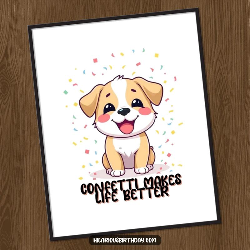 Funny dog poster art of a joyful dog character scattering colorful confetti, creating a dynamic and happy atmosphere.