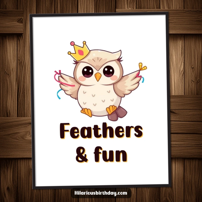 Funny whimsical owl character wearing a party crown and flying with a streamer, as eye-catching wall art poster.
