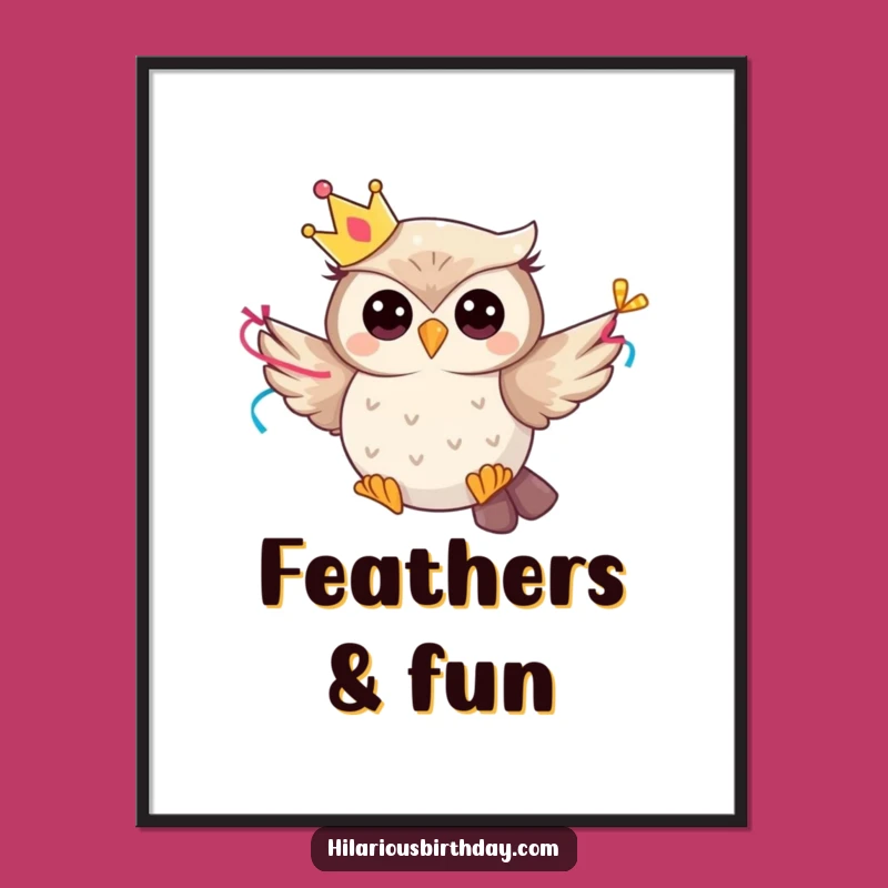 Funny Whimsical Owl Poster: Party Character Flying with Streamer - Wall Art!