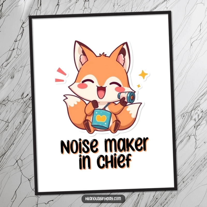 Funny poster depicting a playful fox character enthusiastically shaking a noisemaker, adding a vibrant and festive atmosphere.