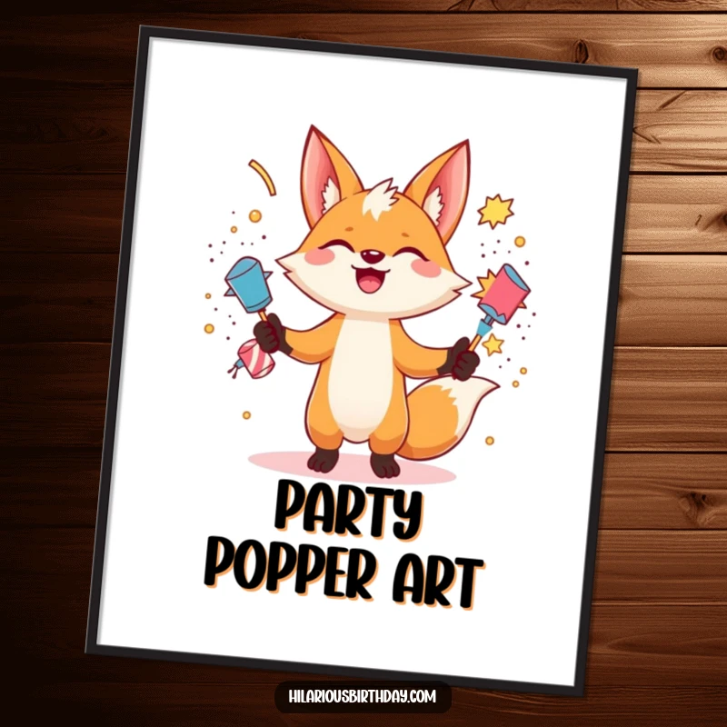 Funny gleeful fox character juggling several exploding party poppers with wild abandon on this humorous wall art poster, a fantastic funny gift.