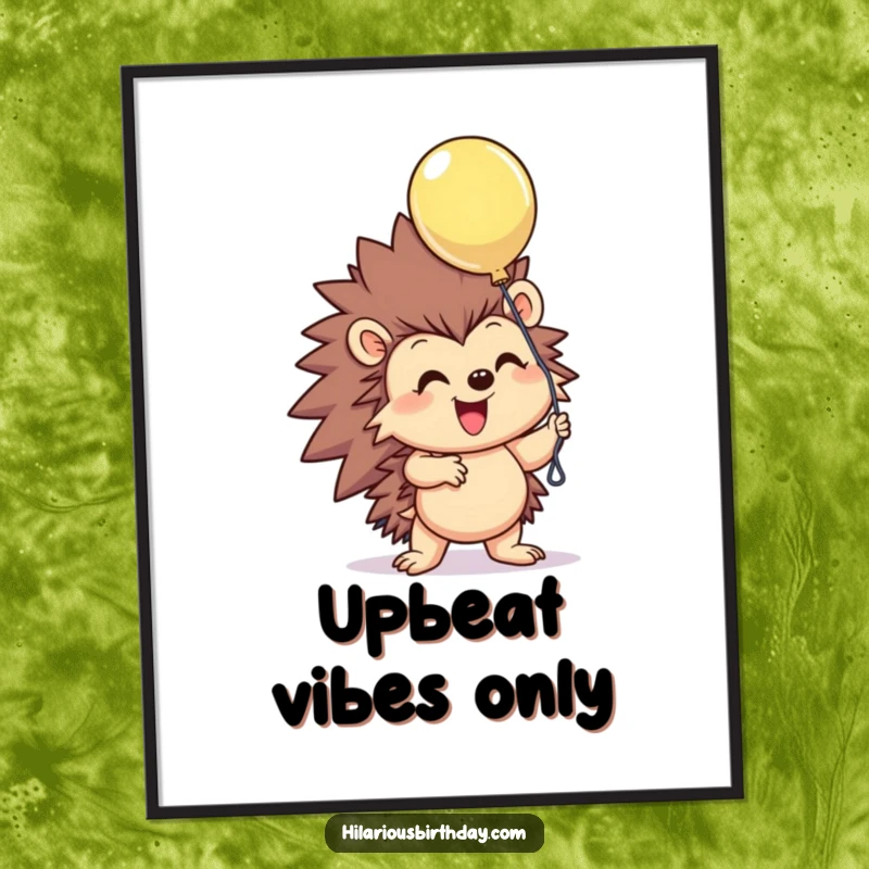 Funny smiling hedgehog character excitedly grasping a floating balloon on this humorous wall art poster, radiating pure happiness, a fantastic funny gift.