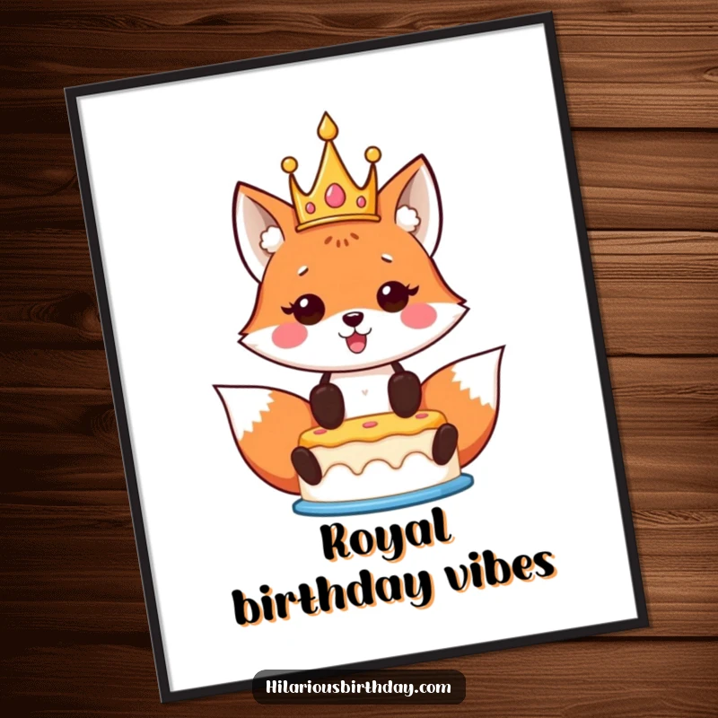 Funny Kawaii Fox Birthday Poster print of a crowned kawaii fox proudly holding a birthday cake aloft, exuding festive pride and joy.