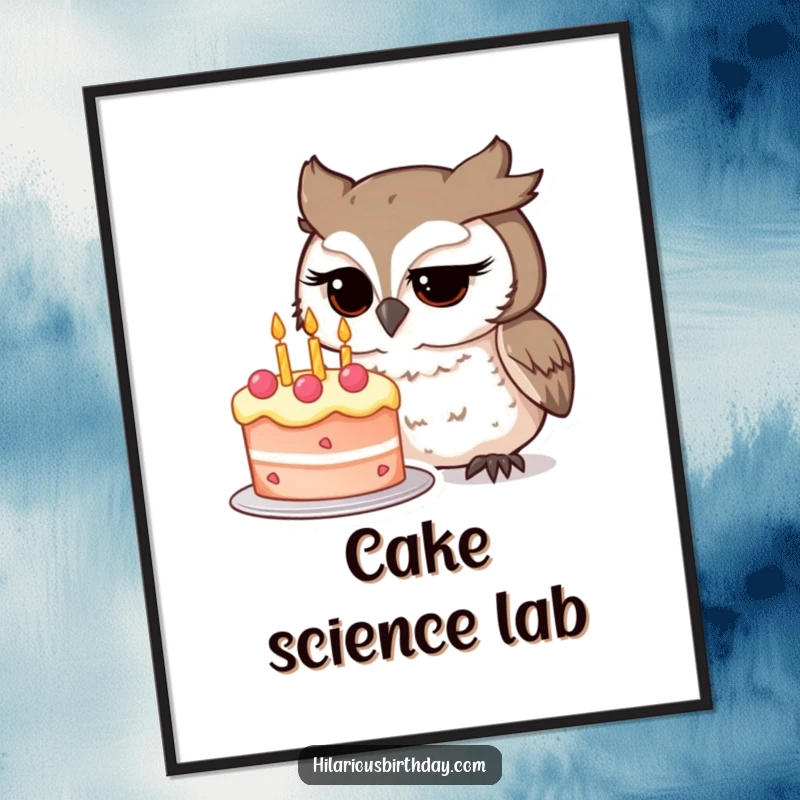 Funny owl character studying a whimsical birthday cake with great intensity on this humorous wall art poster, a fantastic funny gift.