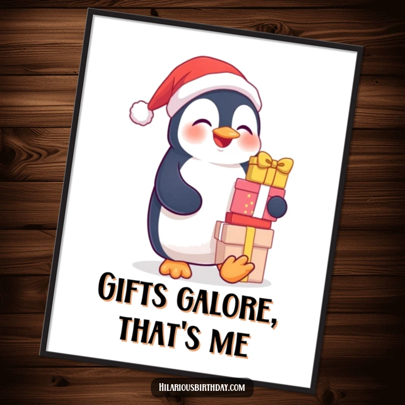 Funny poster artwork of a delighted penguin humorously balancing a wobbly tower of brightly wrapped gifts.