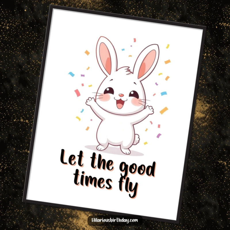 Funny cheerful rabbit enthusiastically tossing confetti, displayed as a poster, perfect for adding funny, celebratory decor.