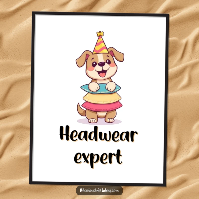 Funny poster featuring a happy dog character with a comical expression, balancing an impressive stack of party hats, celebrating fun.