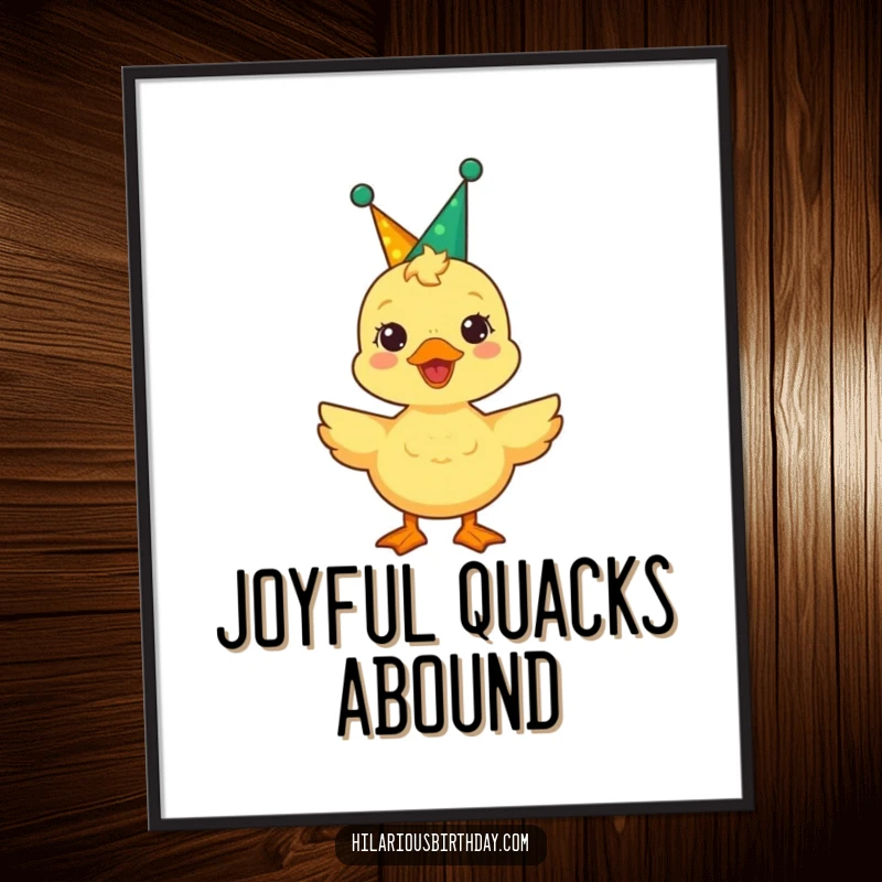Funny duckling in a regal party crown quacks with delight on this poster, a festive and joyful artwork.