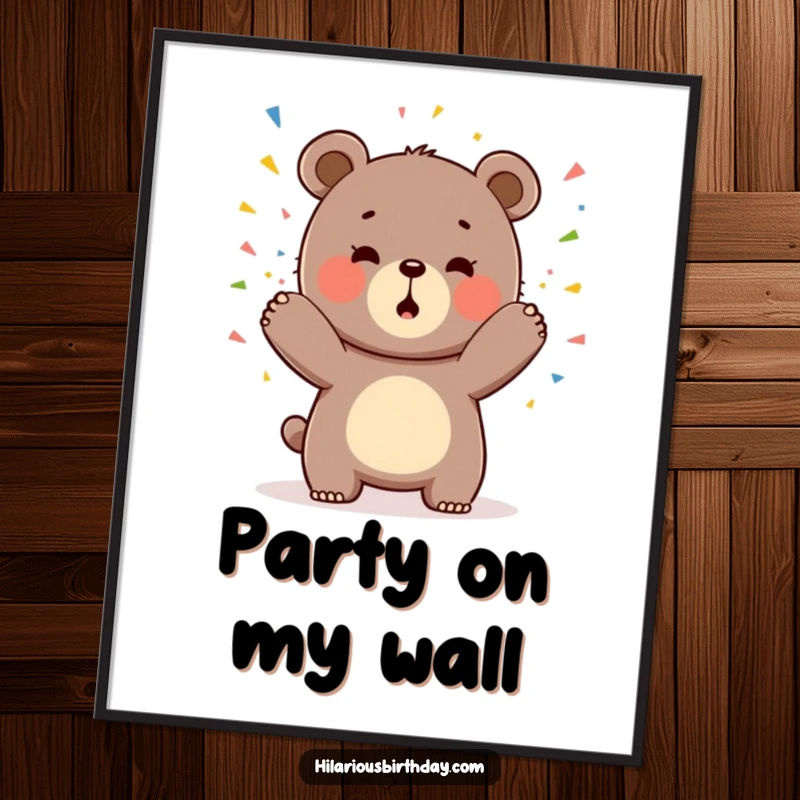 Funny poster featuring a gleeful Kawaii bear character playfully tossing colorful confetti in a joyous celebration.