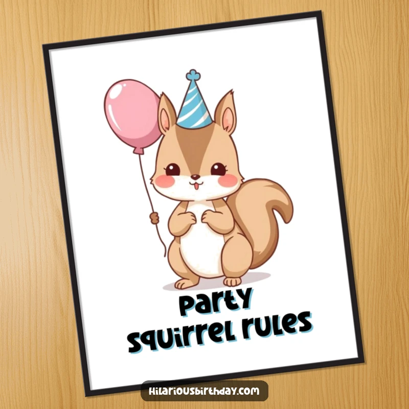 Funny kawaii squirrel wearing a party hat and holding a balloon, festive wall art, perfect funny gift.