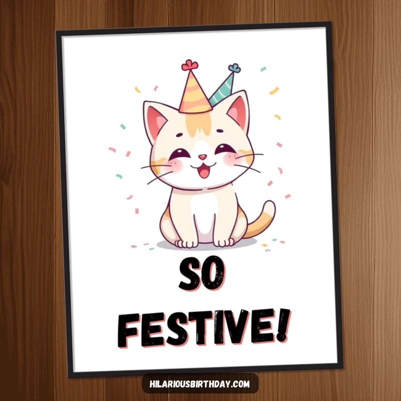 Funny Kawaii cat poster featuring a cute character in a party hat, joyfully tossing confetti, bringing humorous and celebratory cheer to any wall.