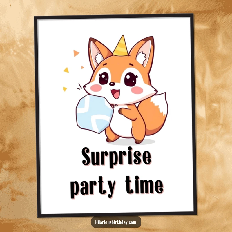 Funny fox popping a party popper with surprise, displayed as a poster, perfect for adding funny, exciting decor.