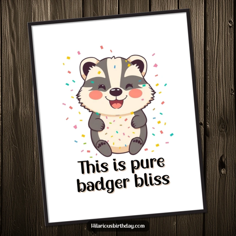 Funny badger poster print of a joyous, smiling badger completely showered in colorful confetti, bringing party vibes.
