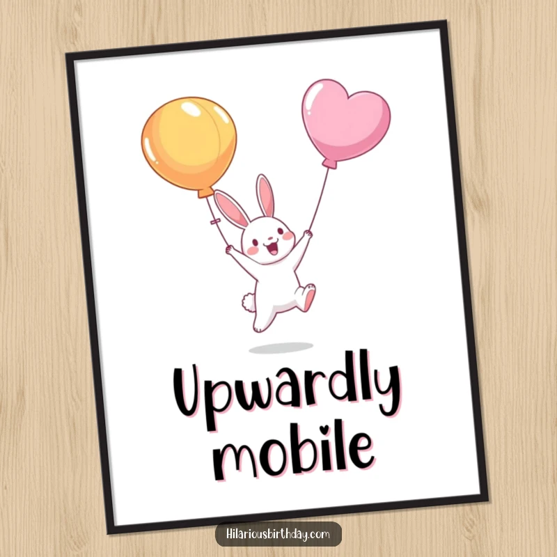 Funny poster print of an energetic bunny character leaping upwards, stretching to catch a drifting balloon, highlighting pursuit and childhood wonder.