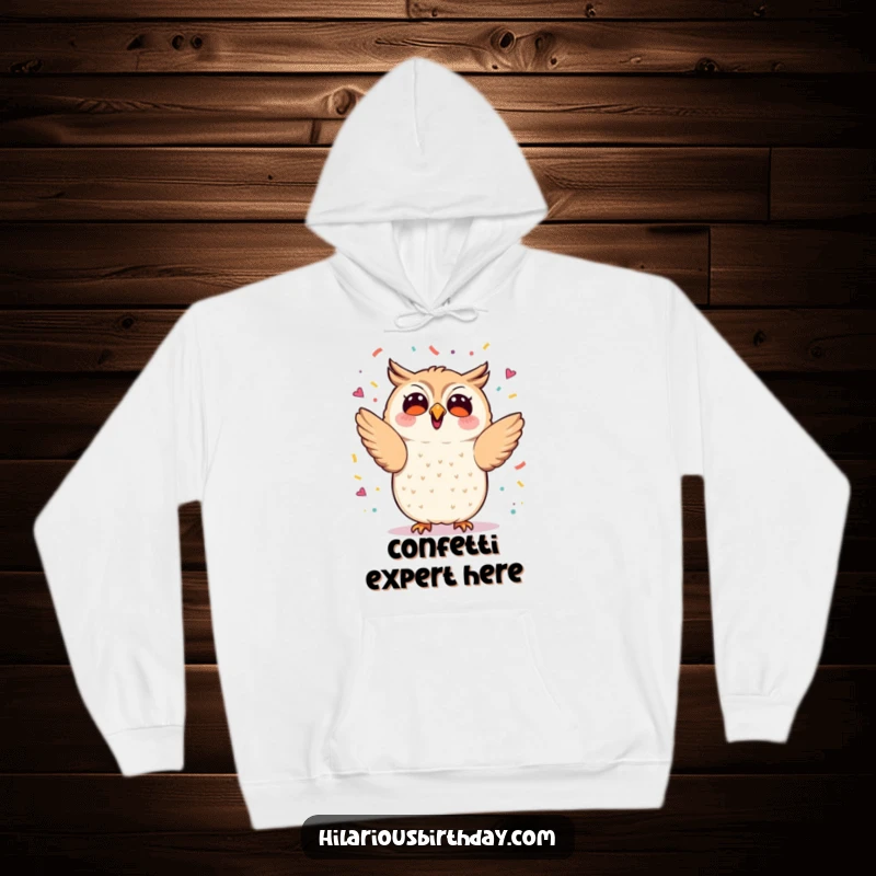 Funny kawaii owl tossing confetti, a cozy hoodie design, perfect funny gift for owl enthusiasts.