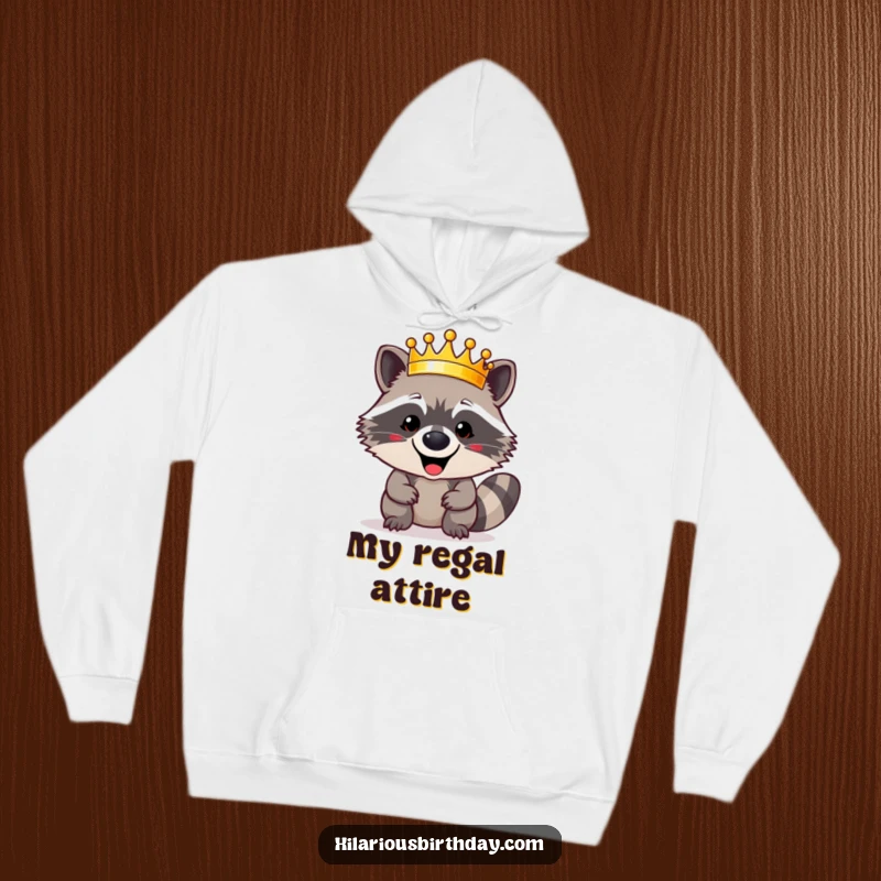 Funny happy raccoon character triumphantly wearing a shiny golden crown on this cozy hoodie, embodying a regal and cheerful spirit, a superb funny gift.