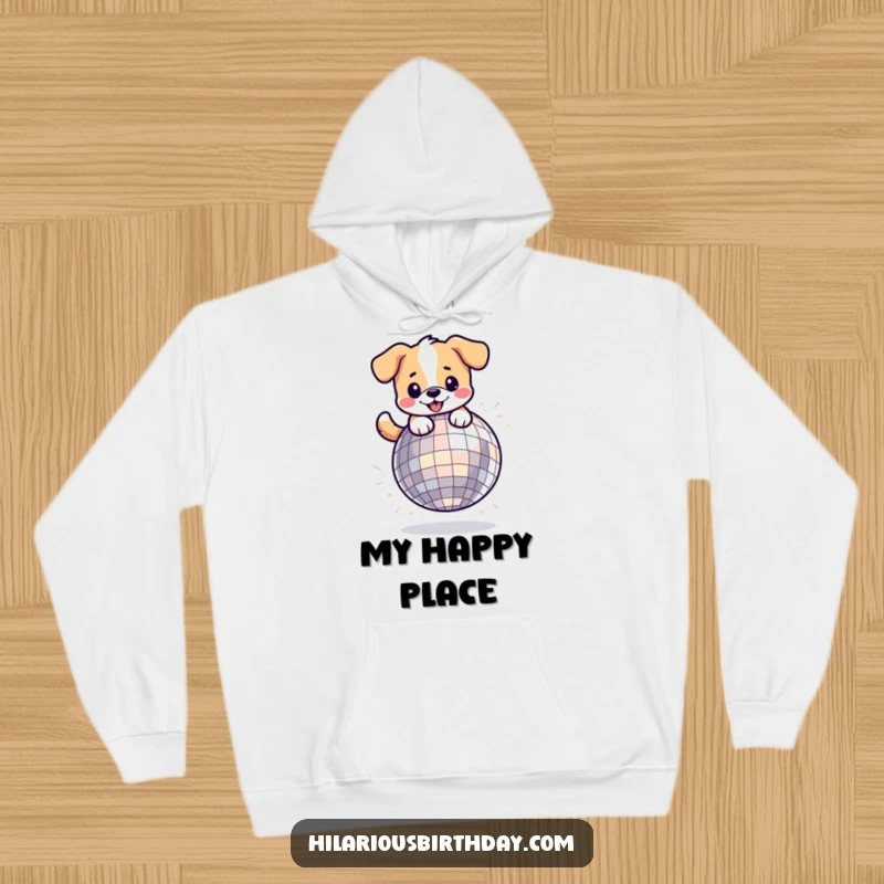 Funny kawaii dog character in a hoodie, playfully dancing on a giant disco ball, a warm and fun item.