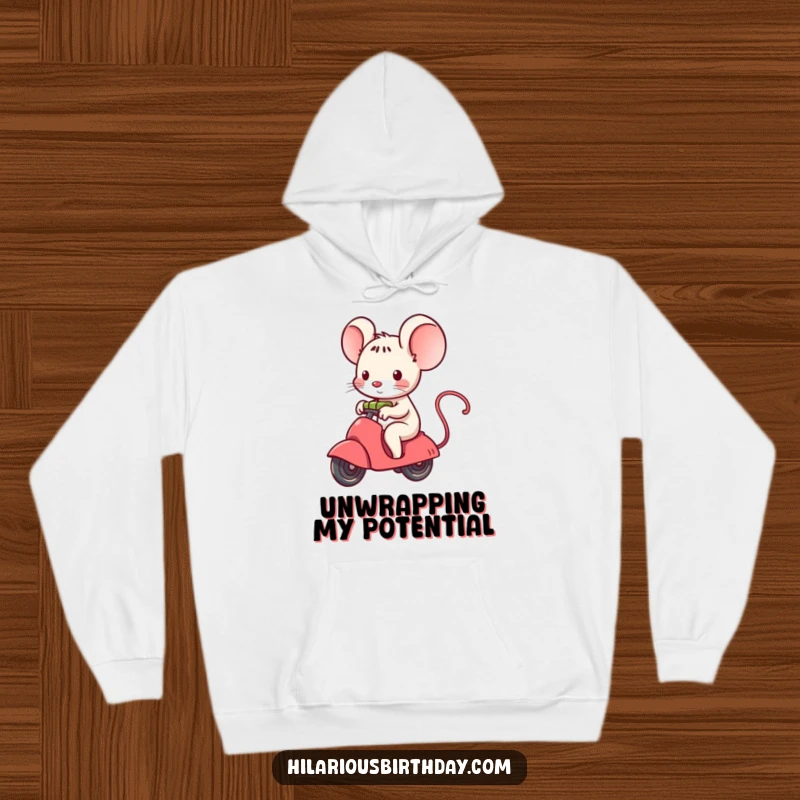 Funny kawaii mouse character in a hoodie, riding a gift that's unwrapping, a cozy and imaginative item.