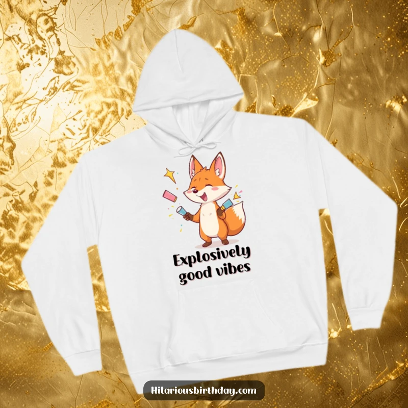 Funny hoodie depicting a gleeful fox character expertly juggling several exploding party poppers, a humorous symbol of celebration.