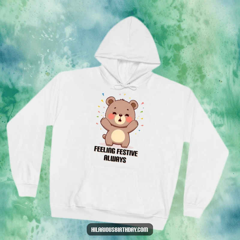 Funny hoodie with a cheerful Kawaii bear character playfully tossing handfuls of vibrant, colorful confetti.